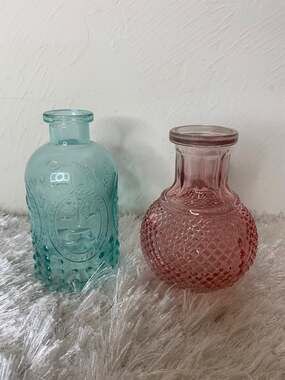 Two Pastel Pink Blue Glass Mini Vases 5.5" & 4.75"